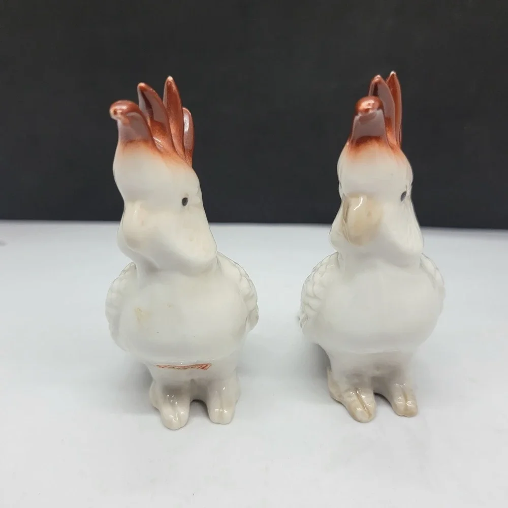 Two Vintage China White Brown Feather Crown Cockatoo Figurines